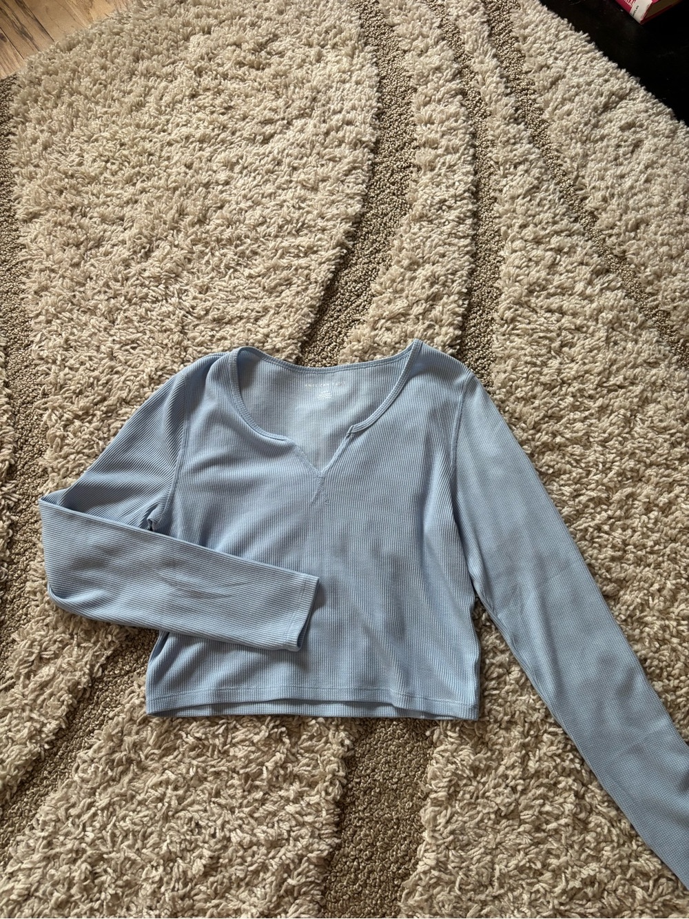 American Eagle Outfitters Light Blue Ribbed V-Neck Long Sleeve Top